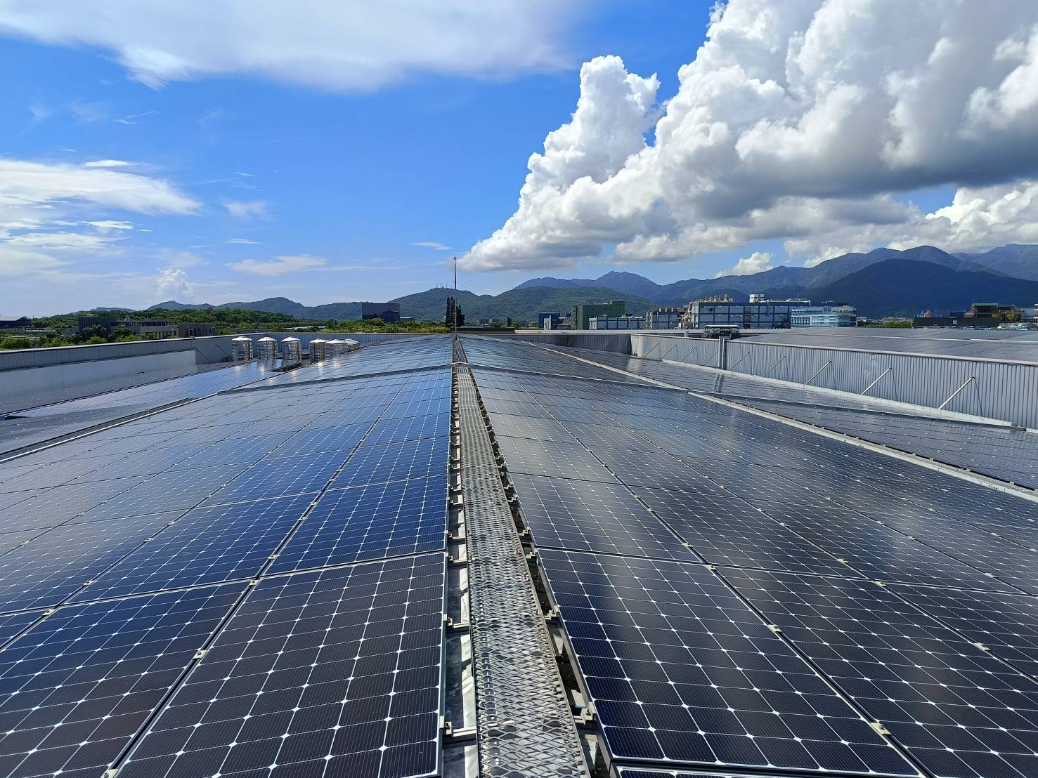 Industrial Solar Panel Installation - Blue Sky with Clouds